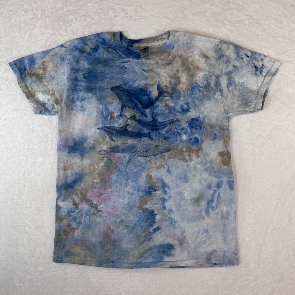 Blue Tie Dye Whale Dolphin Celestial Graphic T-Shirt Short Sleeve Mens Medium